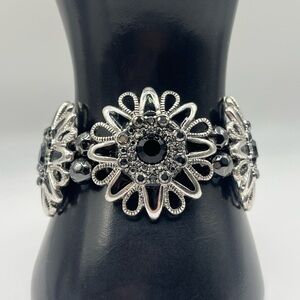Elegant Silver and Black Floral Bracelet